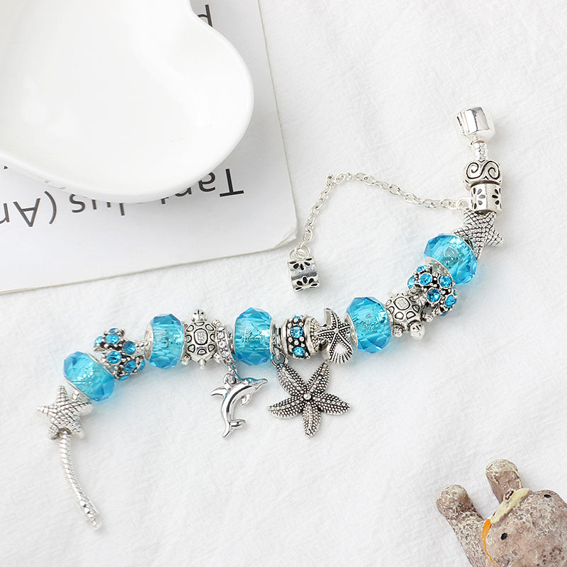 Blue Ocean Dolphin Starfish Pendant Beaded Bracelet