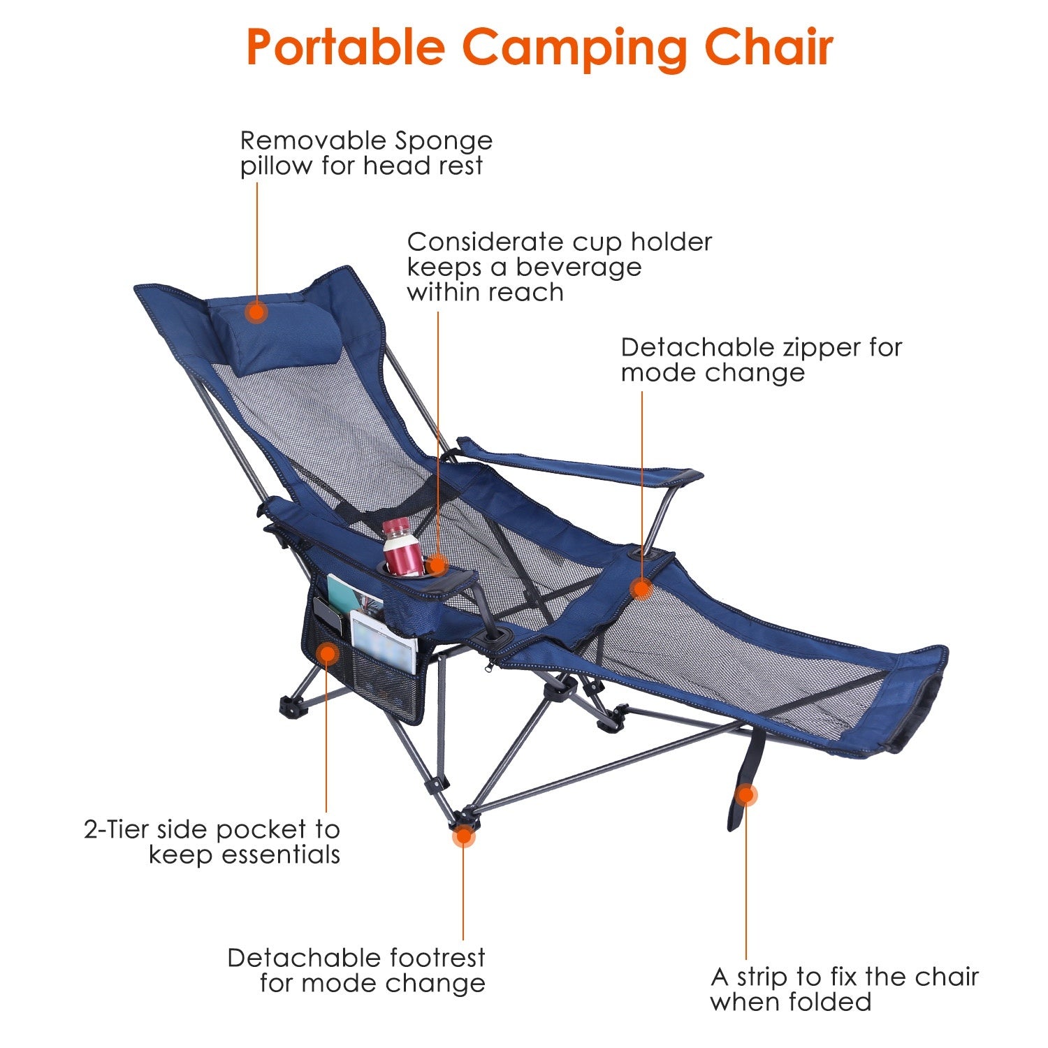 Foldable Camping Chair /Chair With Reclining Backrest Angle Cup Holder -Pillow Side Pocket- Carry Bag
