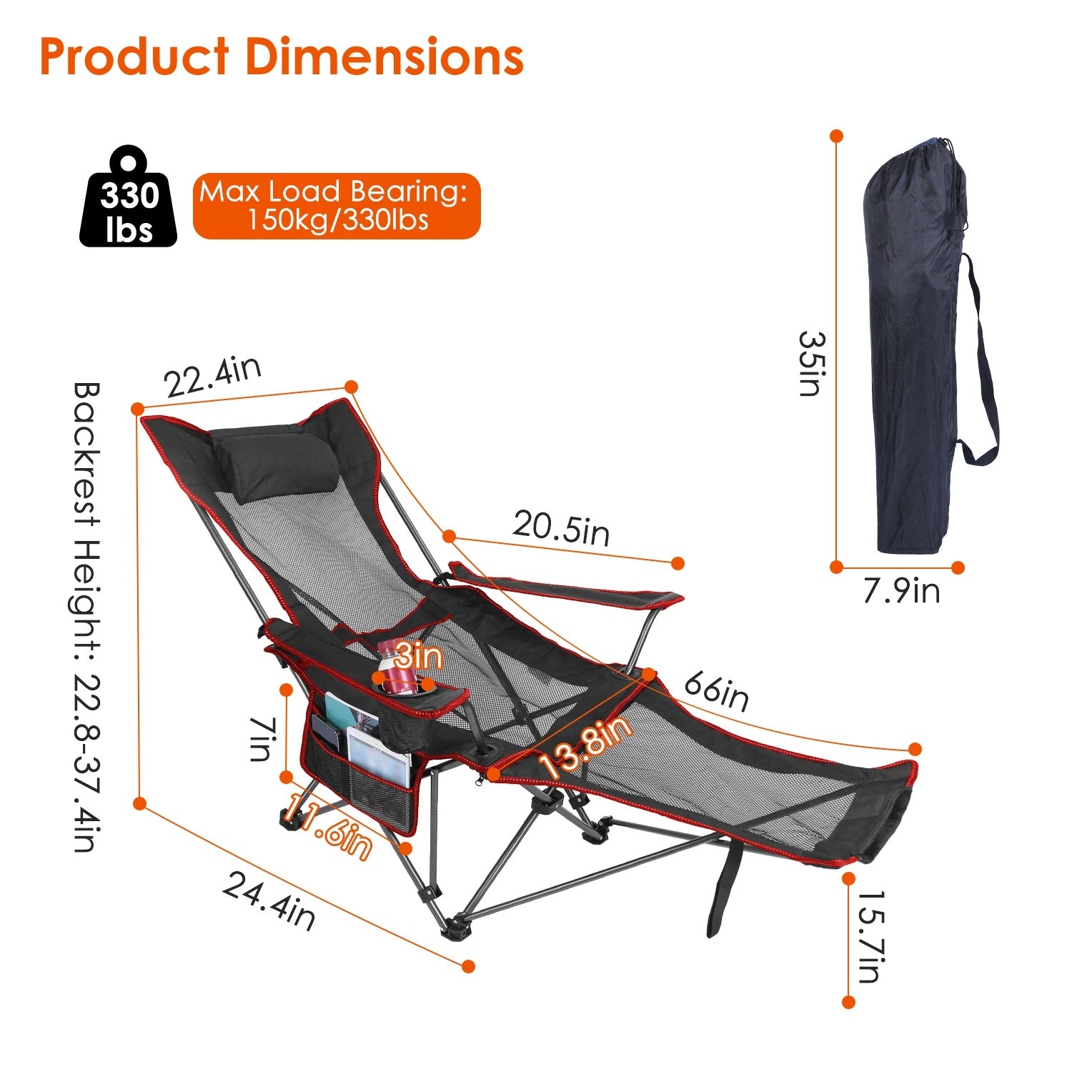 Foldable Camping Chair /Chair With Reclining Backrest Angle Cup Holder -Pillow Side Pocket- Carry Bag