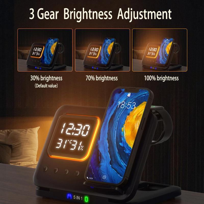 Wireless Chargers Stand /5 In1 /LED Digital /Alarm Clock /Fast Charging /Dock Station
