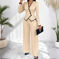 Two-Piece V-Neck Long Sleeve Blouse  & Straight Leg Wide Pants Set - Office Wear Suit For Spring&Fall