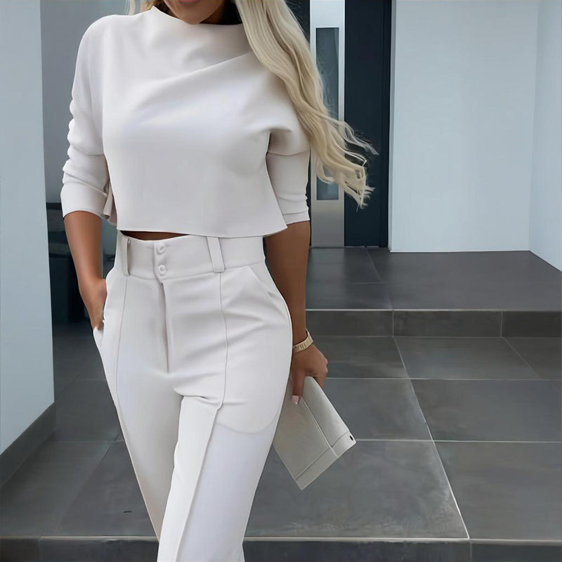 Half Sleeve Short Top With Straight Leg Pants /Two-Piece Office Wear Suit With Pockets