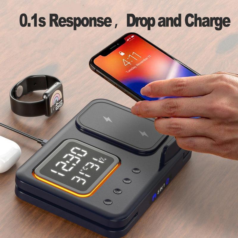 Wireless Chargers Stand /5 In1 /LED Digital /Alarm Clock /Fast Charging /Dock Station