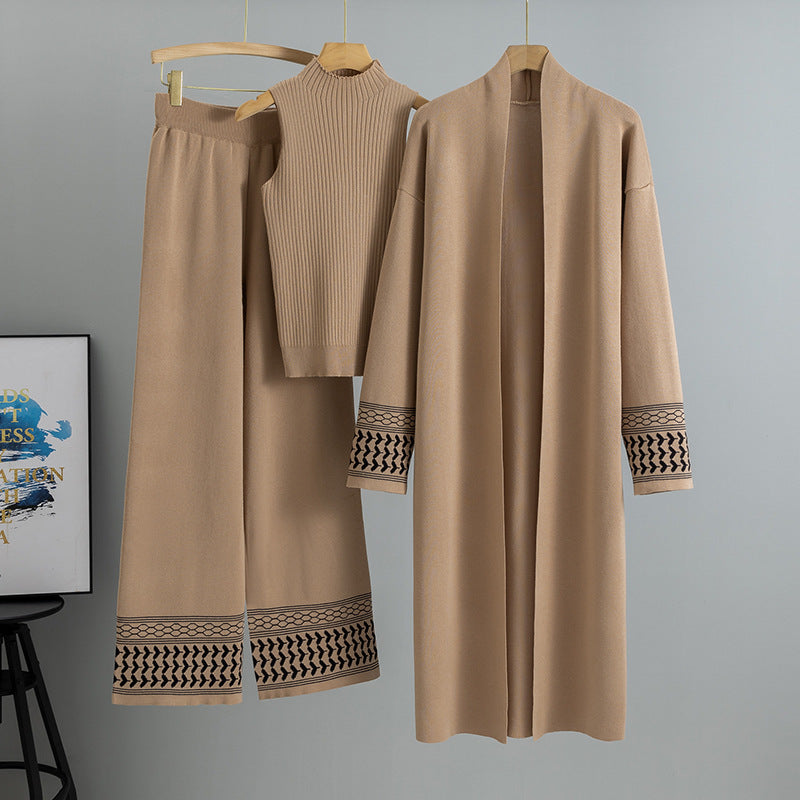 East Elegant Graceful Cardigan Robe/ Knitted Wide Leg Pants -Three-piece Set