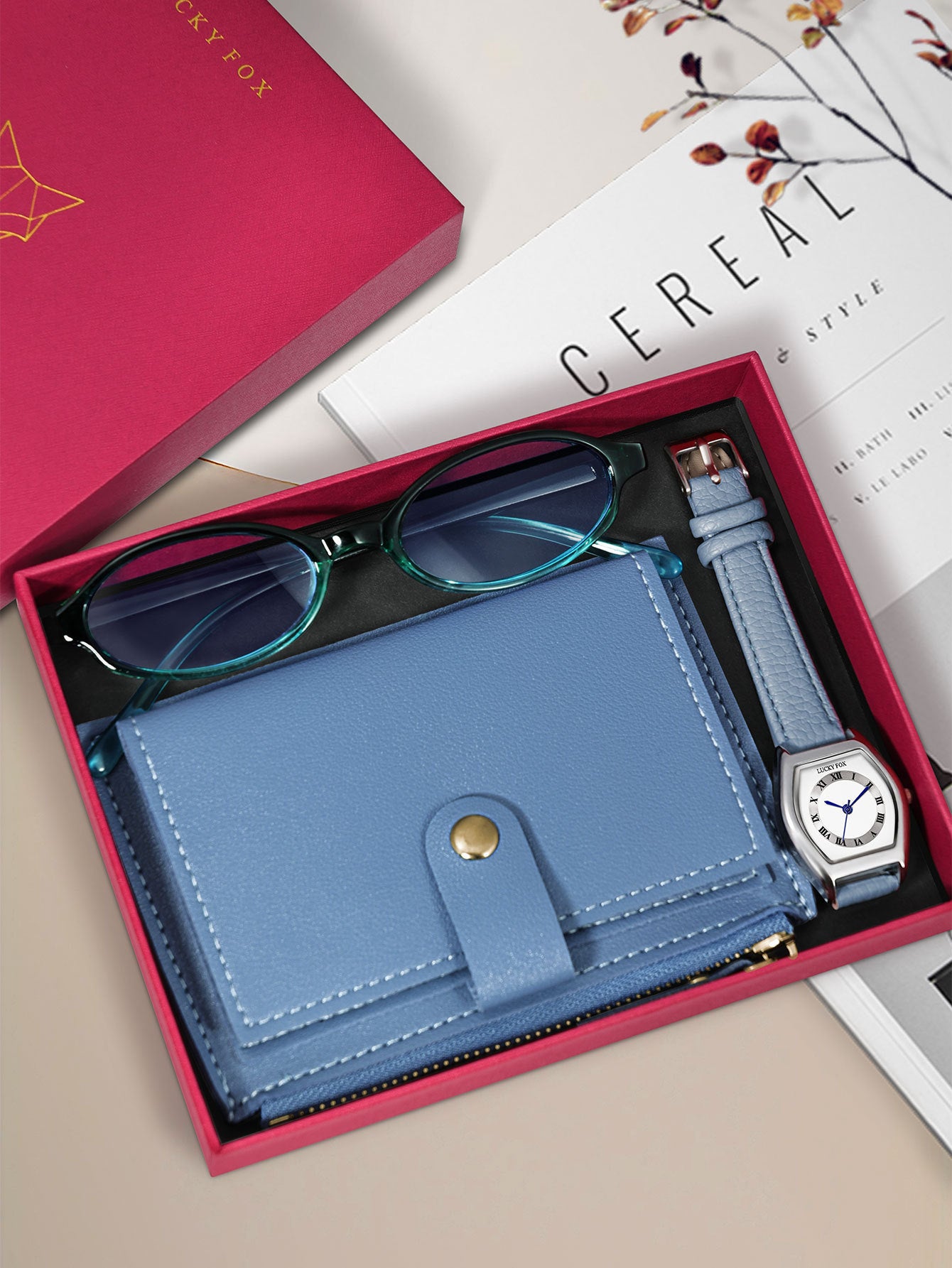 Vintage Women's Quartz Watch With Wallet Glasses Gift Set Box