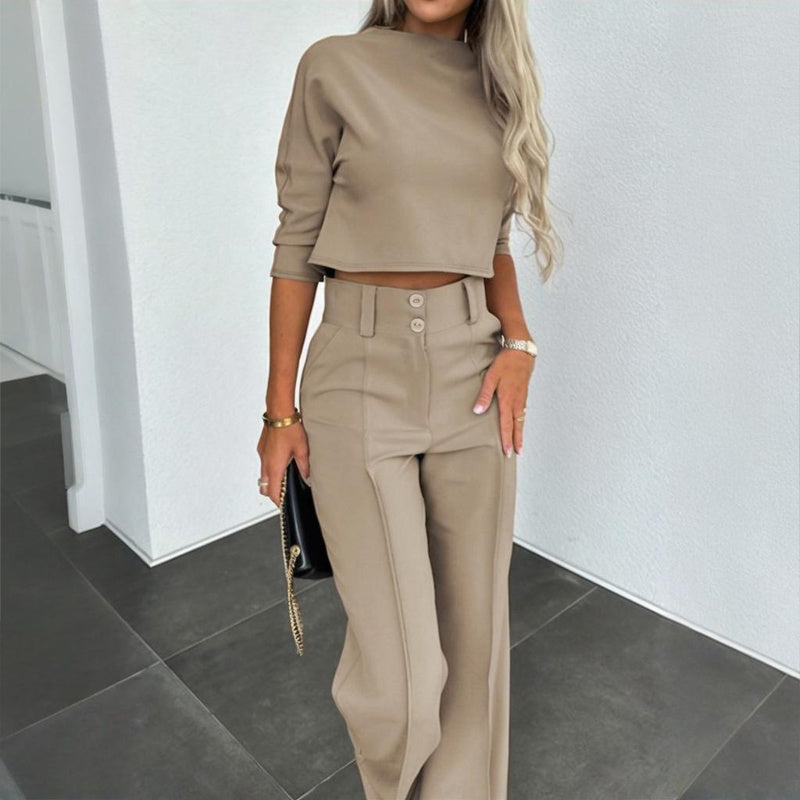Half Sleeve Short Top With Straight Leg Pants /Two-Piece Office Wear Suit With Pockets