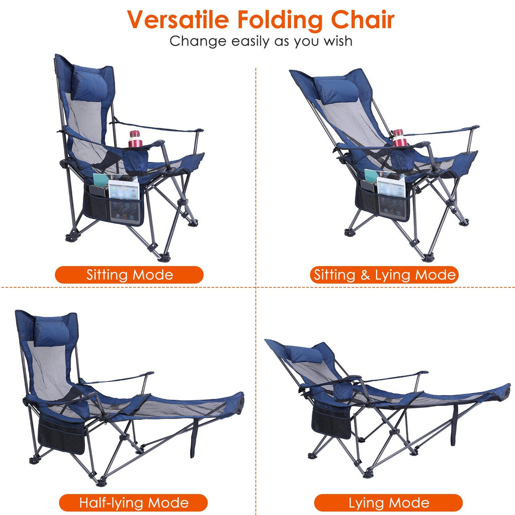 Foldable Camping Chair /Chair With Reclining Backrest Angle Cup Holder -Pillow Side Pocket- Carry Bag