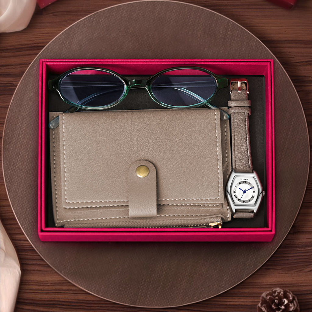 Vintage Women's Quartz Watch With Wallet Glasses Gift Set Box
