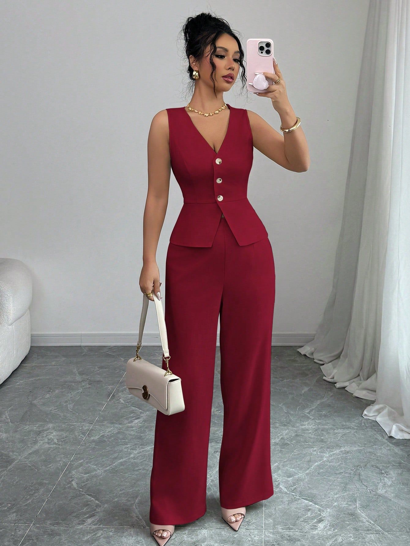 Sleeveless Slim Fit Vest /High Waist Trousers -Two-piece Set