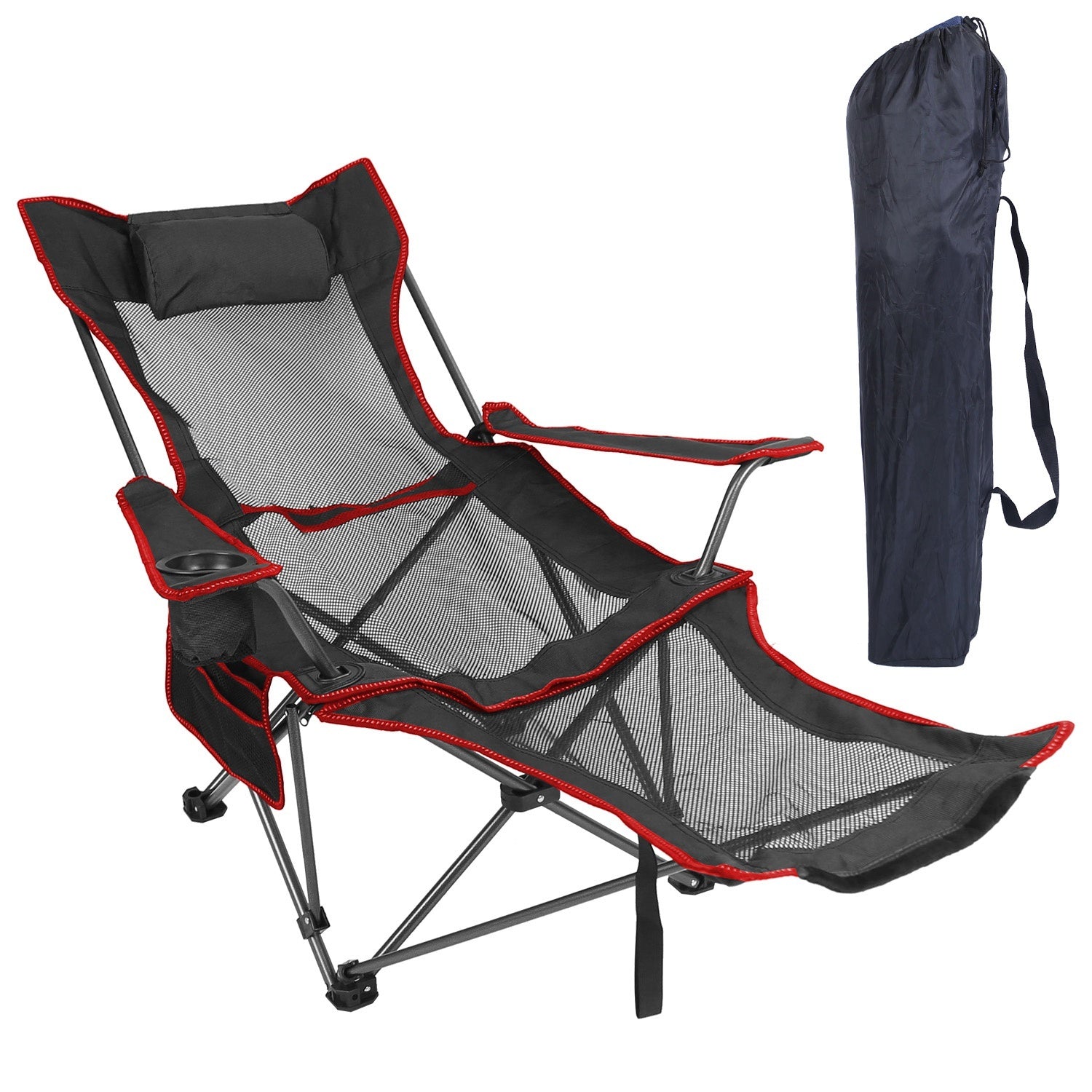 Foldable Camping Chair /Chair With Reclining Backrest Angle Cup Holder -Pillow Side Pocket- Carry Bag