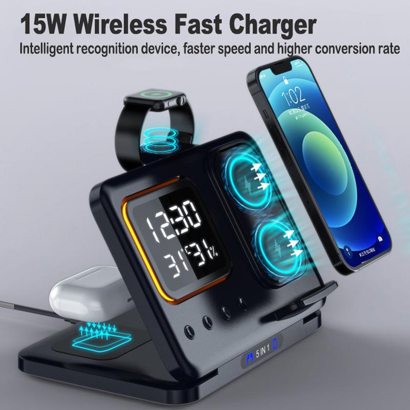 Wireless Chargers Stand /5 In1 /LED Digital /Alarm Clock /Fast Charging /Dock Station