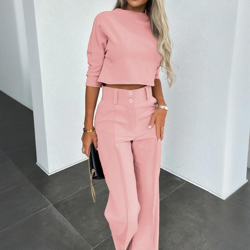 Half Sleeve Short Top With Straight Leg Pants /Two-Piece Office Wear Suit With Pockets