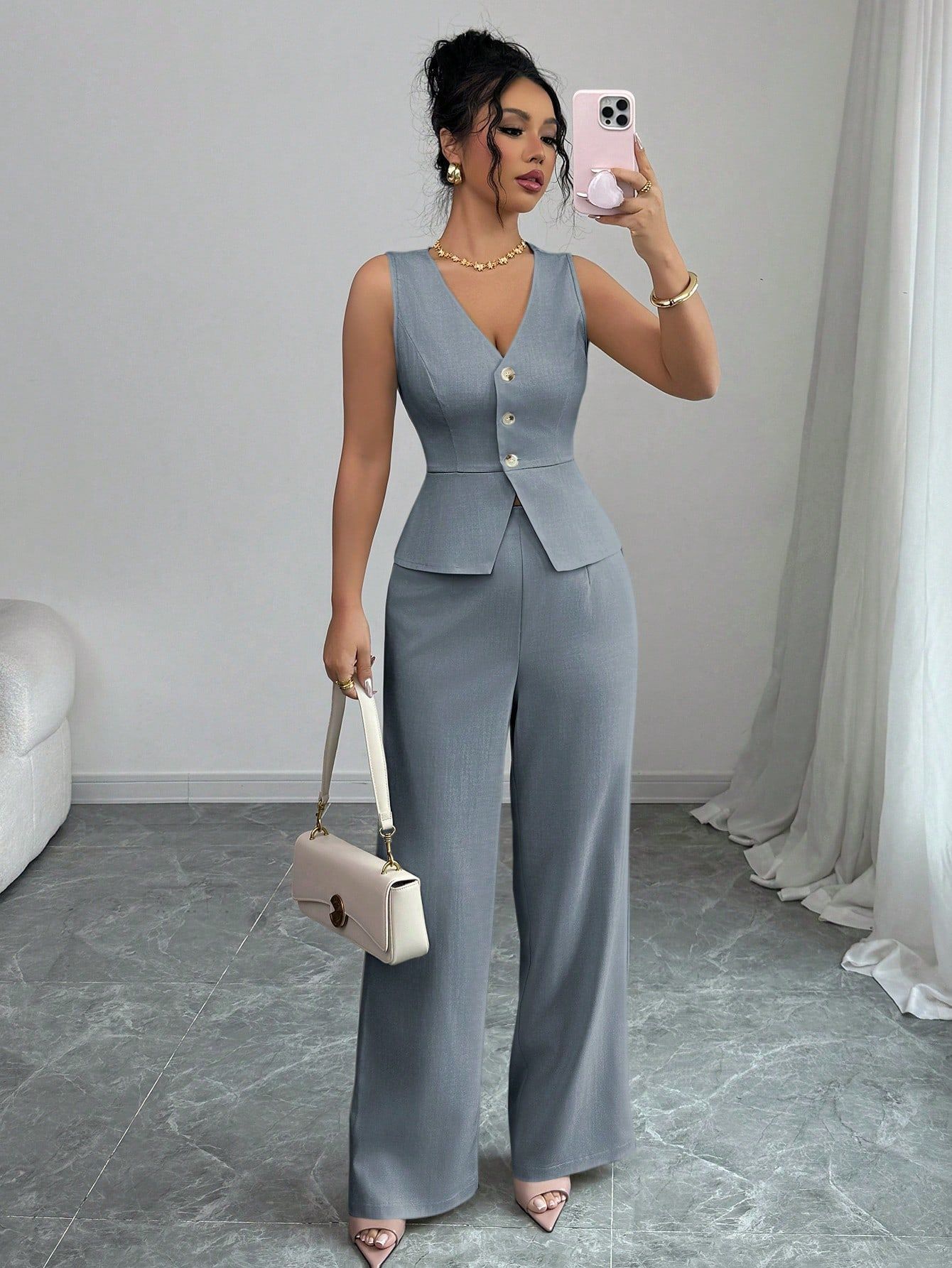 Sleeveless Slim Fit Vest /High Waist Trousers -Two-piece Set