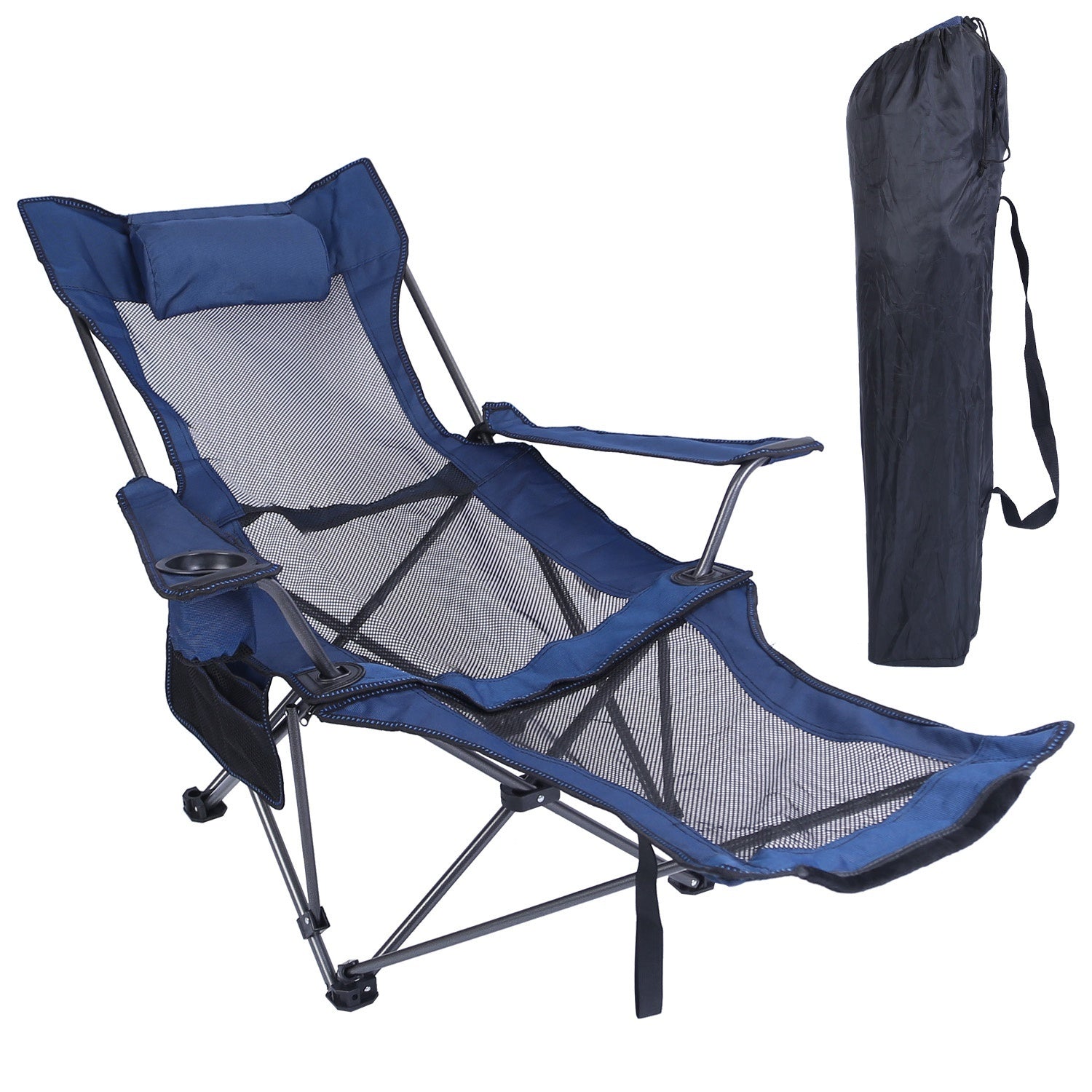 Foldable Camping Chair /Chair With Reclining Backrest Angle Cup Holder -Pillow Side Pocket- Carry Bag