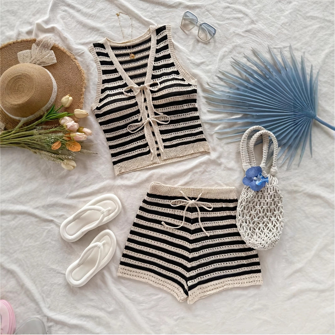 Spring And Summer Vacation Vest Rope /Cardigan Shorts /Women's Two-piece Suit