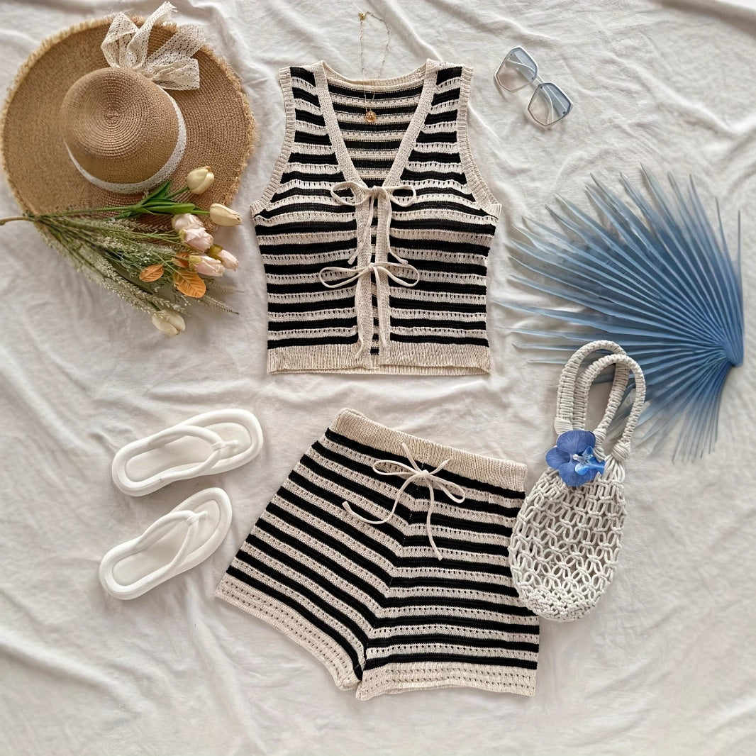 Spring And Summer Vacation Vest Rope /Cardigan Shorts /Women's Two-piece Suit