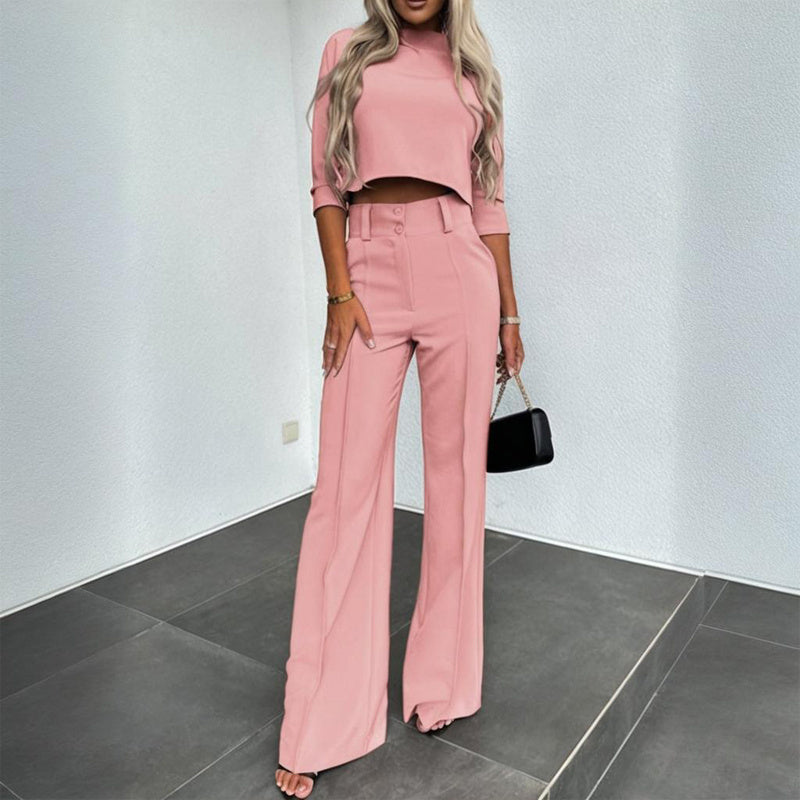 Half Sleeve Short Top With Straight Leg Pants /Two-Piece Office Wear Suit With Pockets