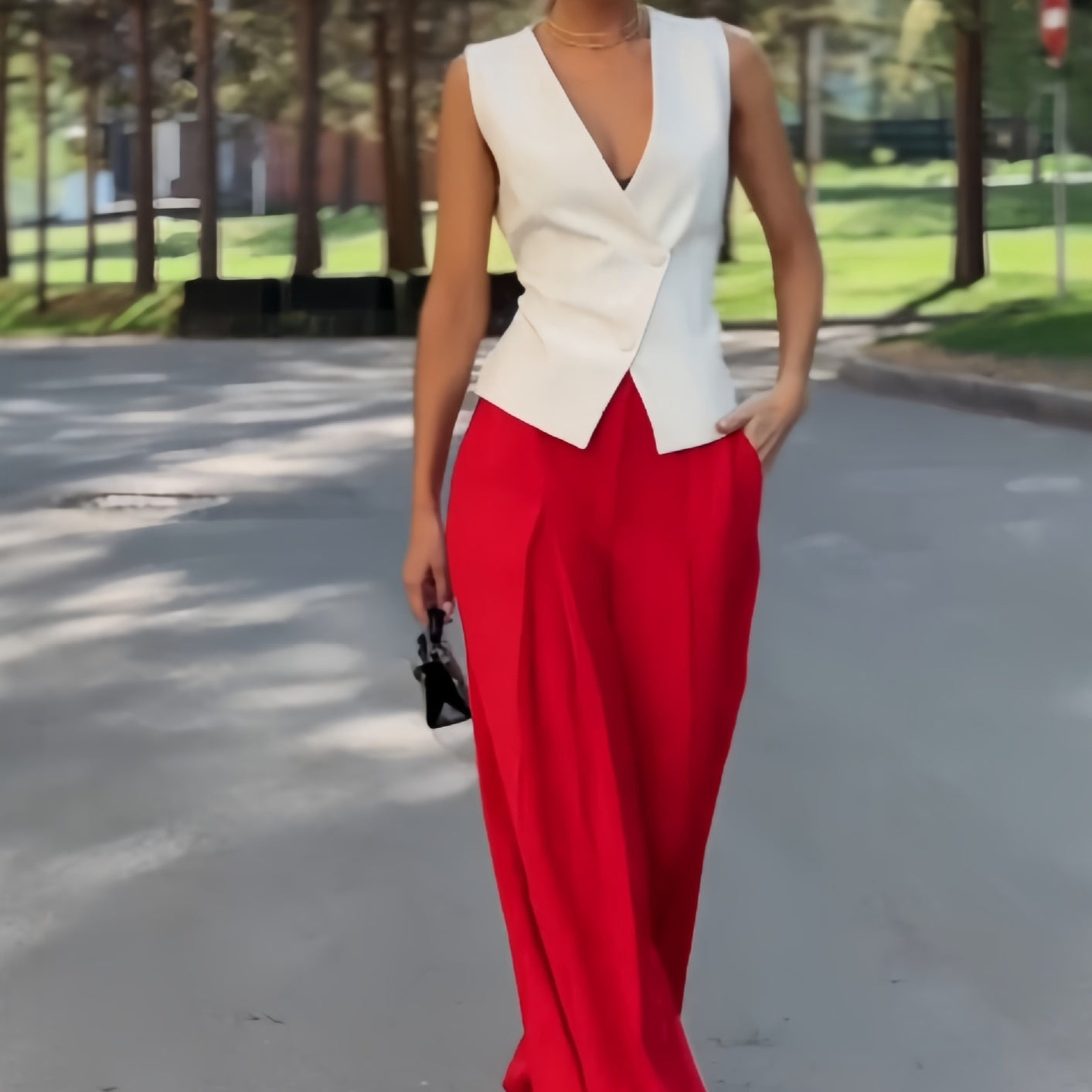 Sleeveless Top High /Waist Wide Leg Pants-- Two-piece Set