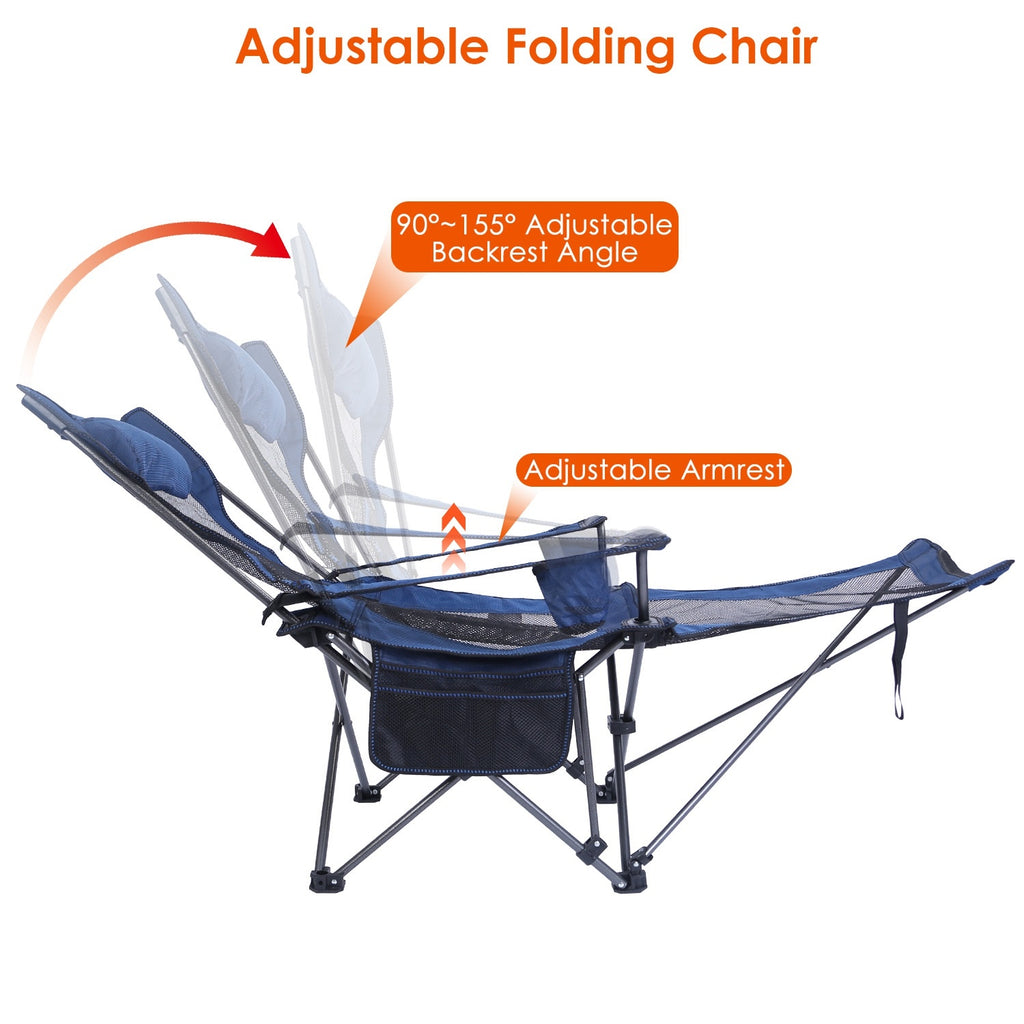 Foldable Camping Chair /Chair With Reclining Backrest Angle Cup Holder -Pillow Side Pocket- Carry Bag