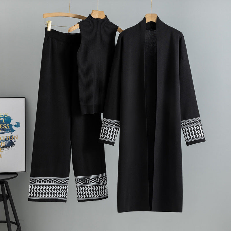 East Elegant Graceful Cardigan Robe/ Knitted Wide Leg Pants -Three-piece Set