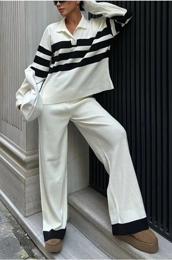 Polo Collar Striped Knitted Contrast Color- Two-piece Set