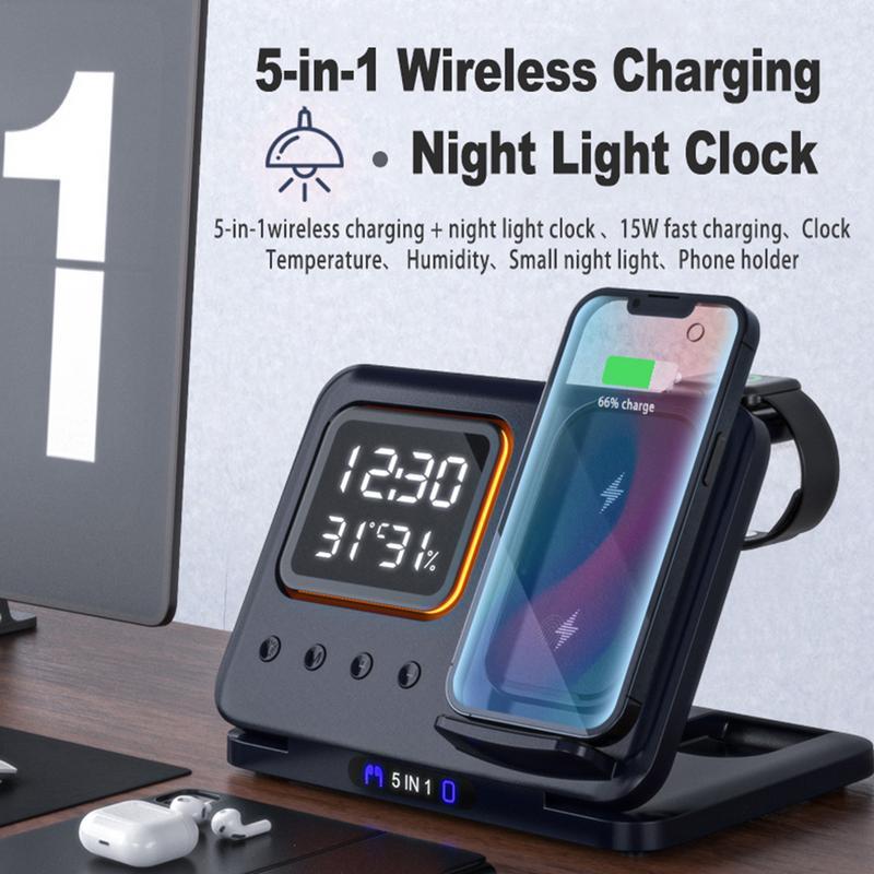 Wireless Chargers Stand /5 In1 /LED Digital /Alarm Clock /Fast Charging /Dock Station