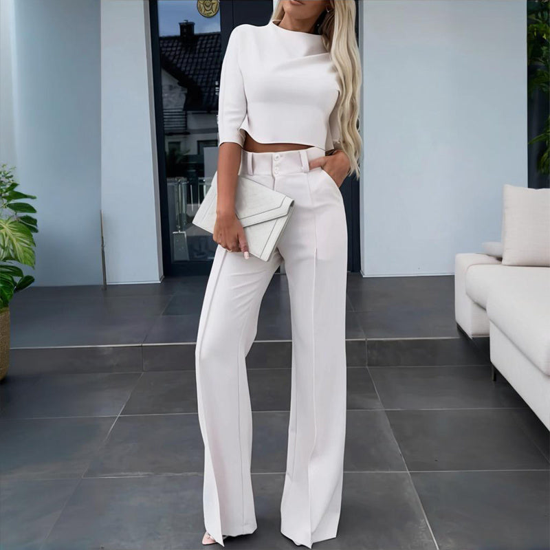 Half Sleeve Short Top With Straight Leg Pants /Two-Piece Office Wear Suit With Pockets