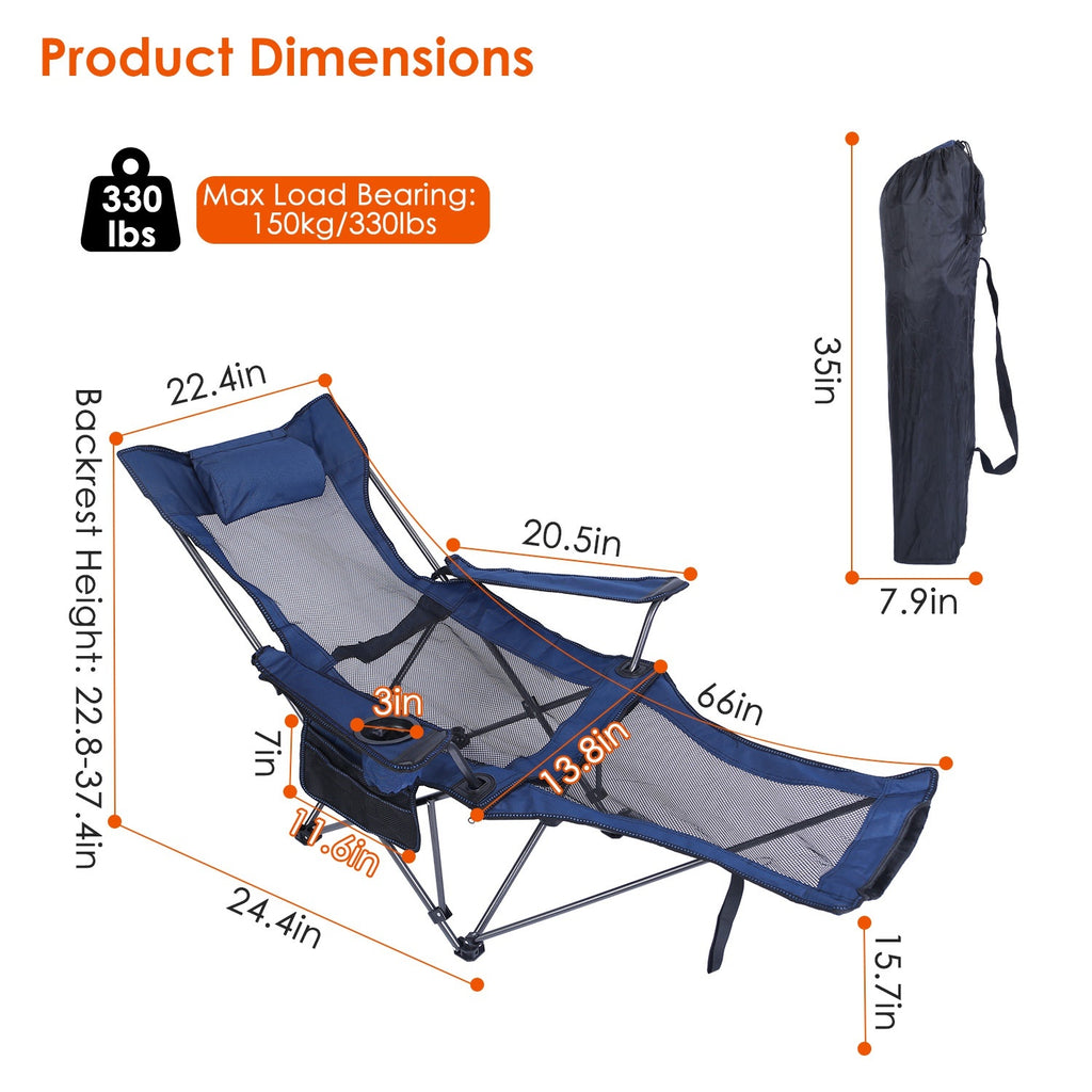 Foldable Camping Chair /Chair With Reclining Backrest Angle Cup Holder -Pillow Side Pocket- Carry Bag