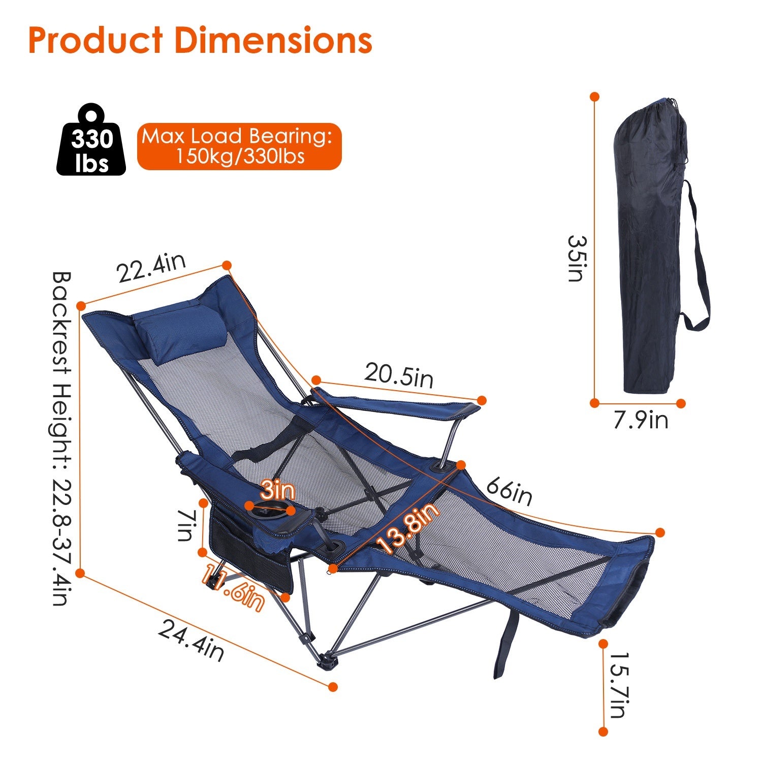 Foldable Camping Chair /Chair With Reclining Backrest Angle Cup Holder -Pillow Side Pocket- Carry Bag