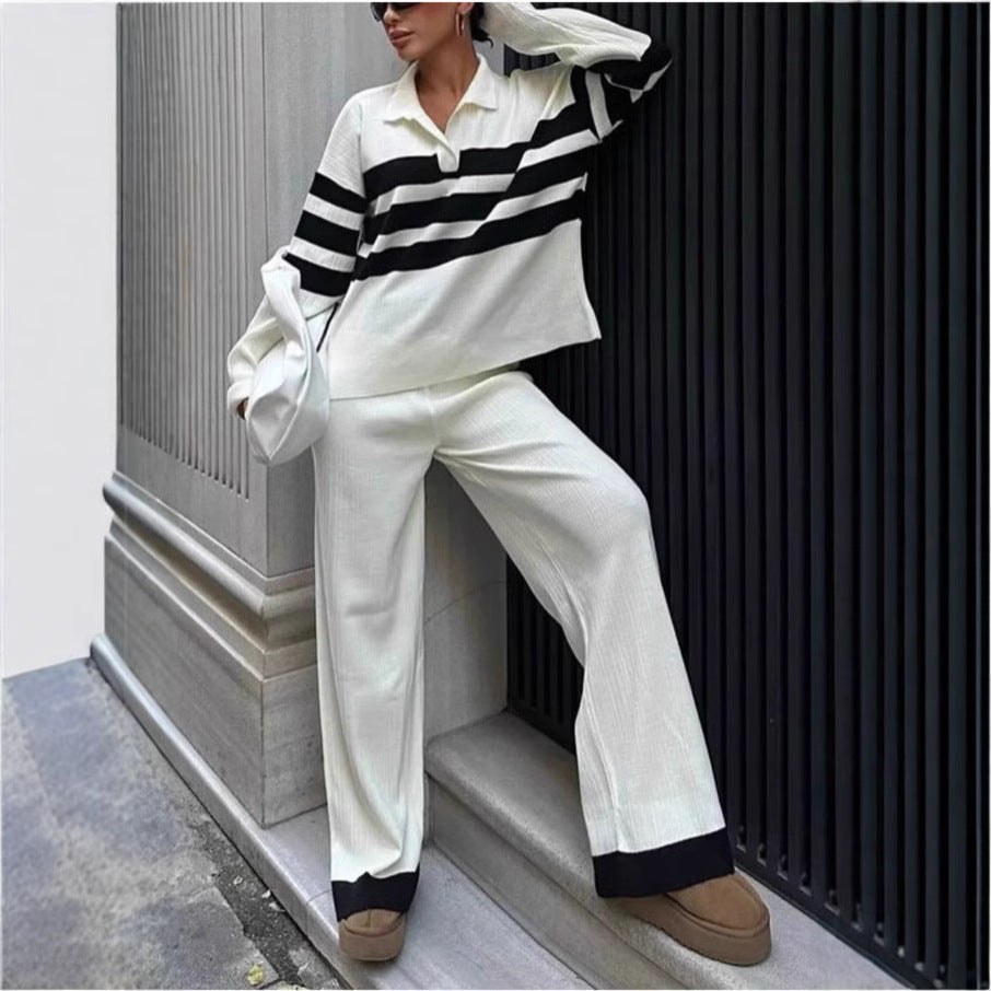 Polo Collar Striped Knitted Contrast Color- Two-piece Set