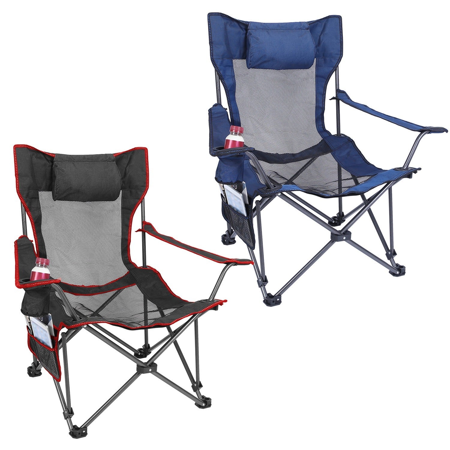 Foldable Camping Chair /Chair With Reclining Backrest Angle Cup Holder -Pillow Side Pocket- Carry Bag