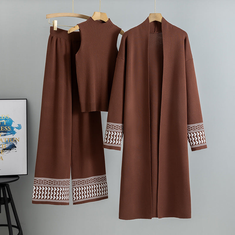 East Elegant Graceful Cardigan Robe/ Knitted Wide Leg Pants -Three-piece Set