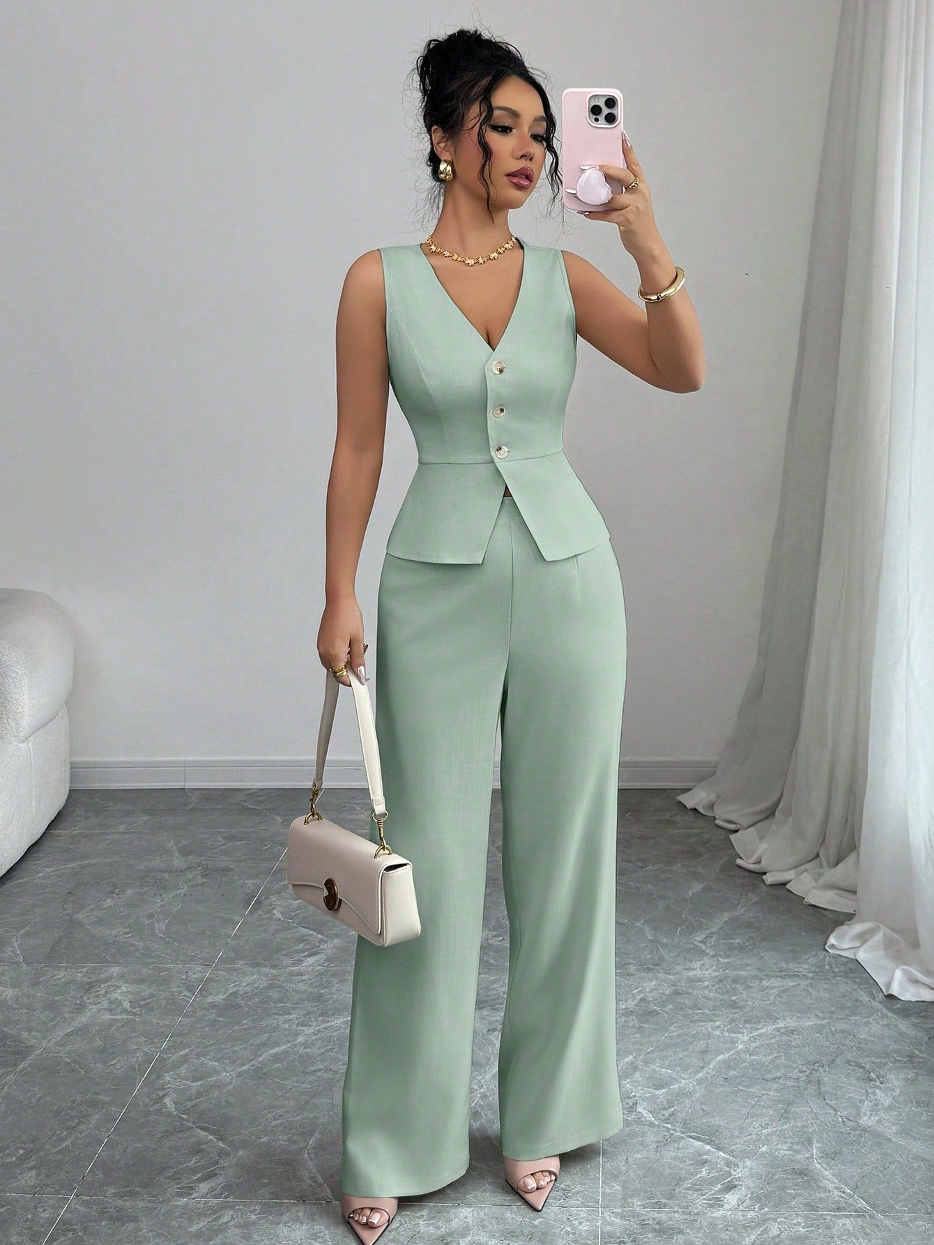 Sleeveless Slim Fit Vest /High Waist Trousers -Two-piece Set
